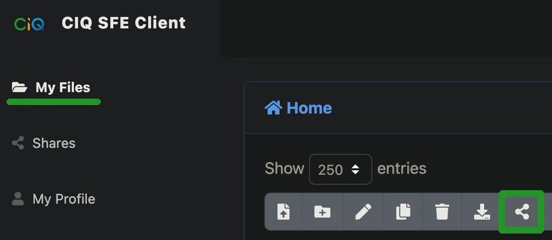 An image from the My Files part of the CIQ SFE Client, highlighting the Share button to click, so that the user can share their files.