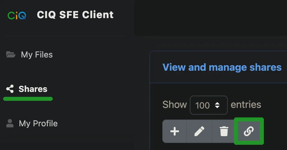 An image displaying the "Shares" section of the CIQ SFE Client, showing the "Link" button where links to the share can be generated.