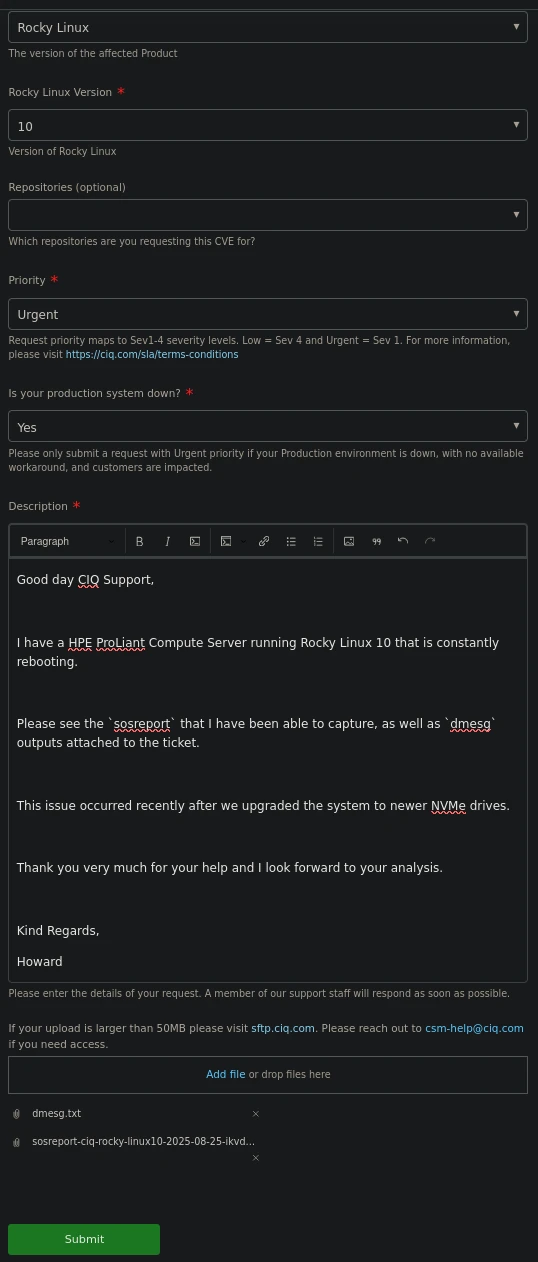 An example "Urgent" ticket for a Rocky Linux 10 server constantly restarting, with each of the above fields filled out.