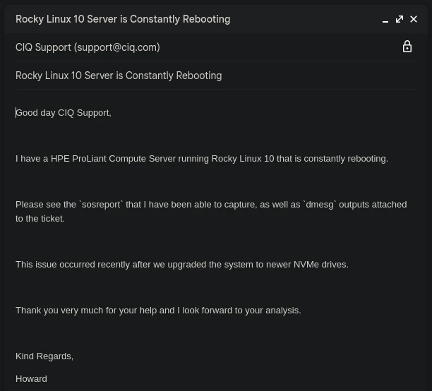 The same "Urgent" ticket again, in the form of an email with the "Subject" of the issue in the "Subject Line" and the "Description" of the issue in the body of the email.