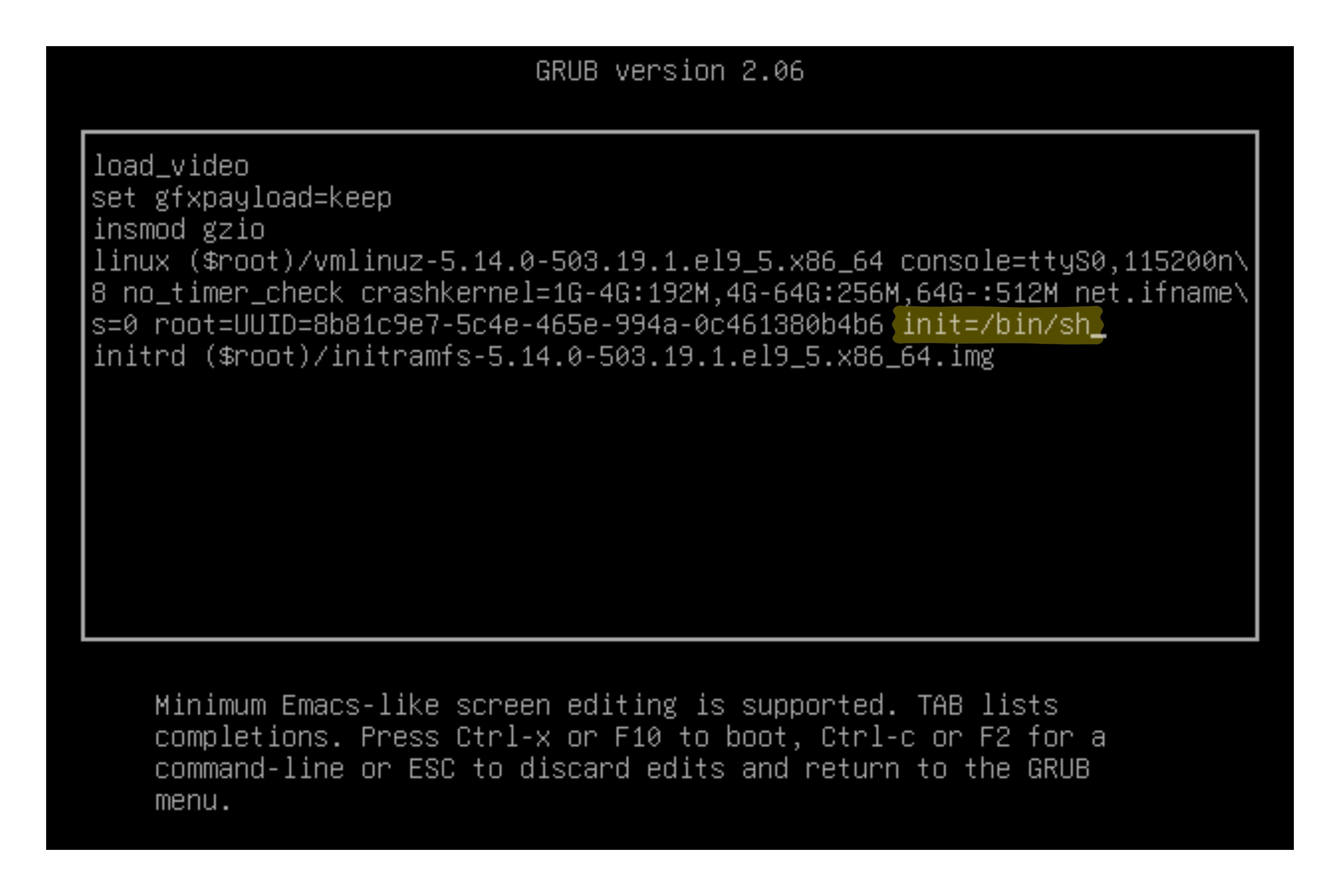 GRUB menu with init=/bin/sh highlighted; the target line is the fourth one starting with "linux".