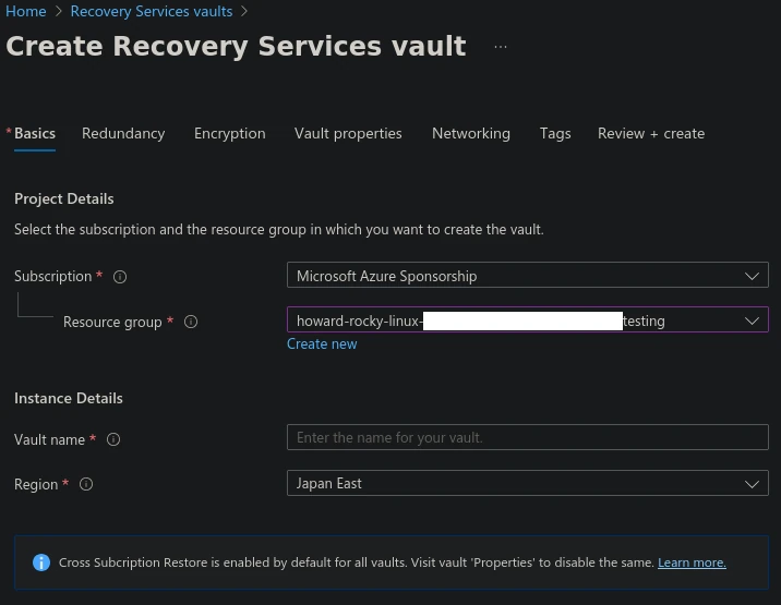 The "Create Recovery Services vault" "Basics" step from Azure is shown.