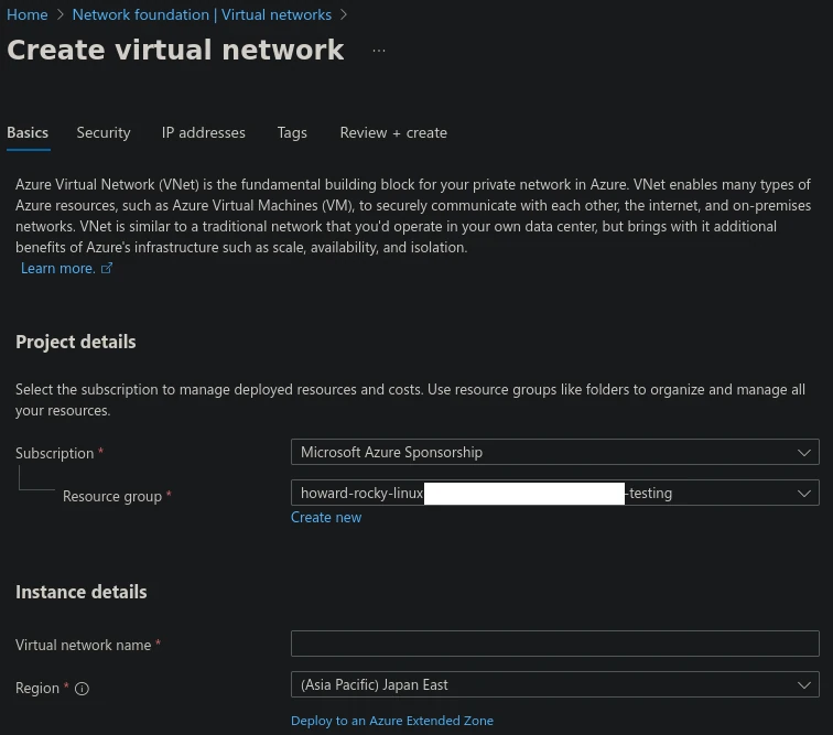 "Create virtual network" "Basics" step is displayed.
