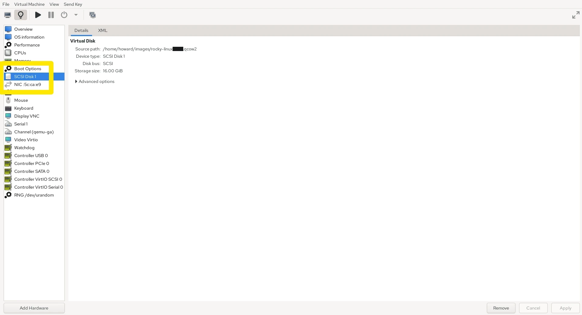 Hardware list in virt-manager for the Rocky Linux VM, highlighting that "SATA CDROM 1" needs to be removed. The "SATA CDROM 1" option is under the "SCSI Disk" option on the left-hand side